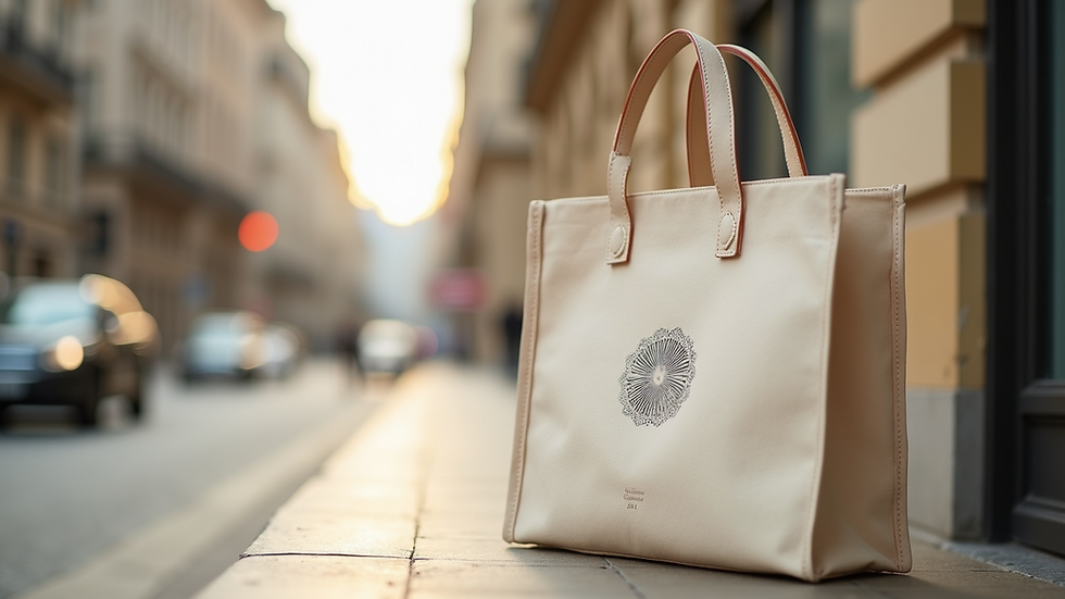 Close-up view of a branded tote bag with a minimalist logo