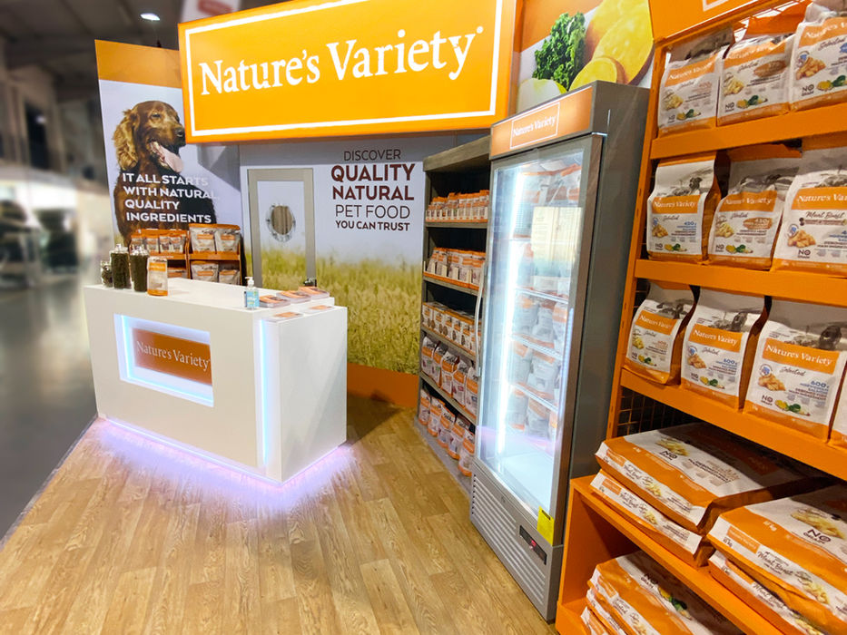 Modular exhibition stand for Natures Variety at PATS Telford 2022.