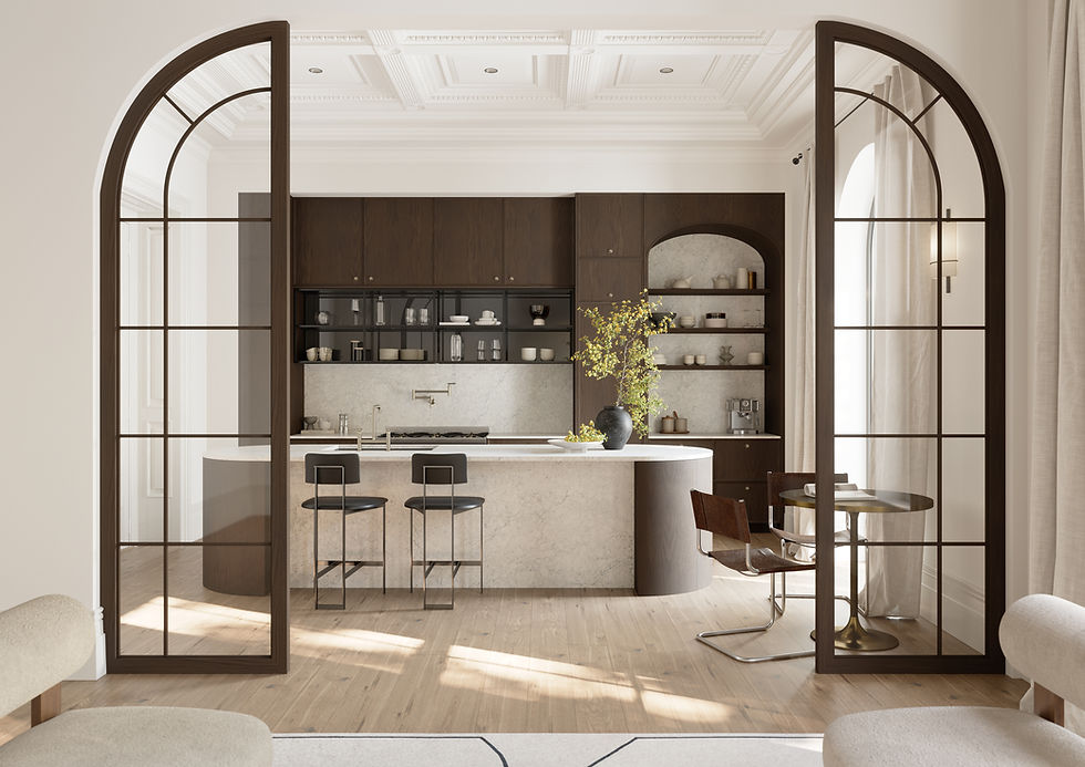 Kitchen with a curved Cambria Avalene island, dark cabinetry, and seating beside tall windows.