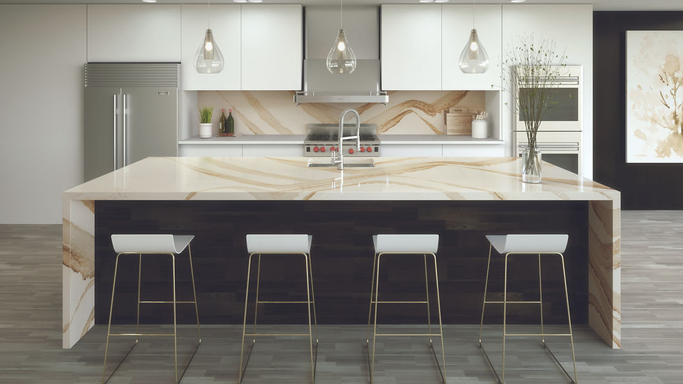 Cambria Brittanicca Gold Warm quartz on a waterfall kitchen island with four stools and a matching backsplash.
