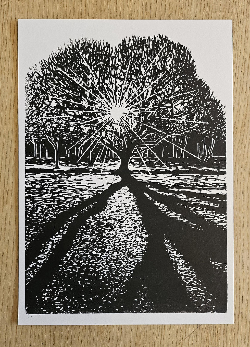 Thumbnail: Sunrise Over the Heart-shaped Tree/lino print/handmade/landscape/art/original