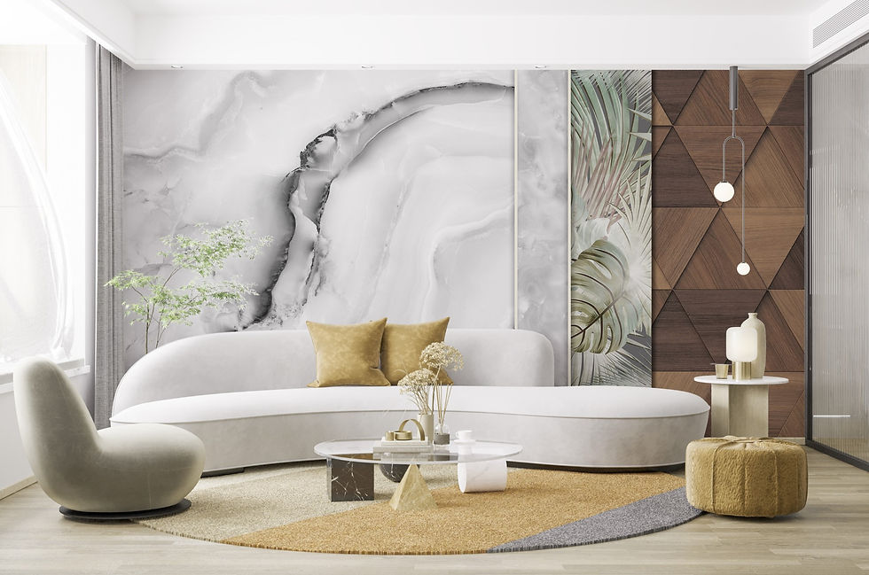 Lounge salonunda ahşap ve porselen karışımı duvar kaplaması