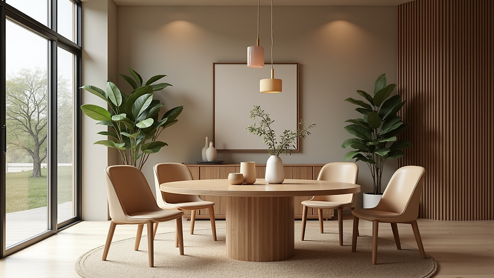 High-angle view of an elegant dining room with eco-friendly furniture