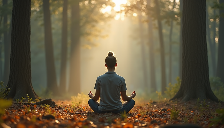 Eye-level view of a serene person meditating in a quiet forest clearing
