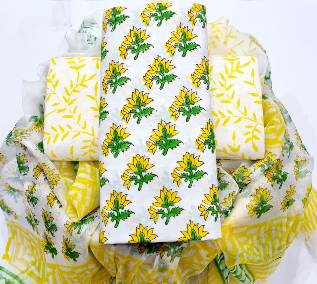 New Arrival Handblock Printed Pure Cotton Suit Set with Chiffon Dupatta