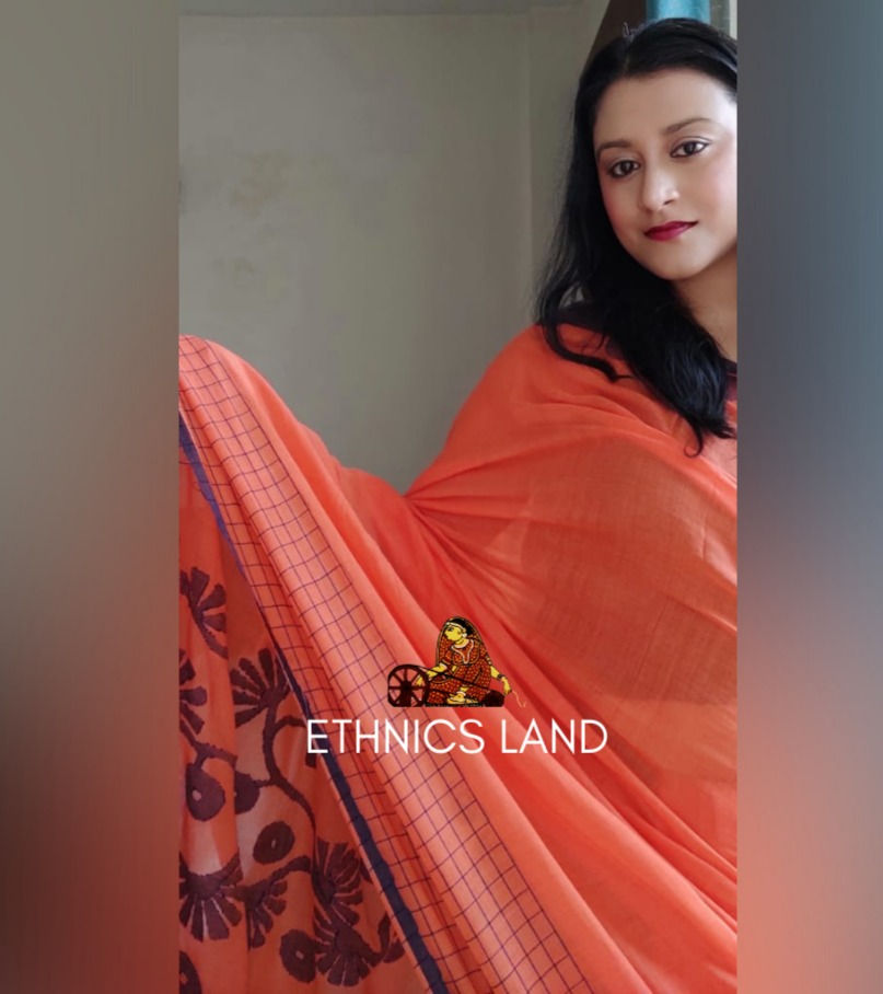 Thumbnail: Orange Handloom Cotton Saree with Handwork Jamdani Motif