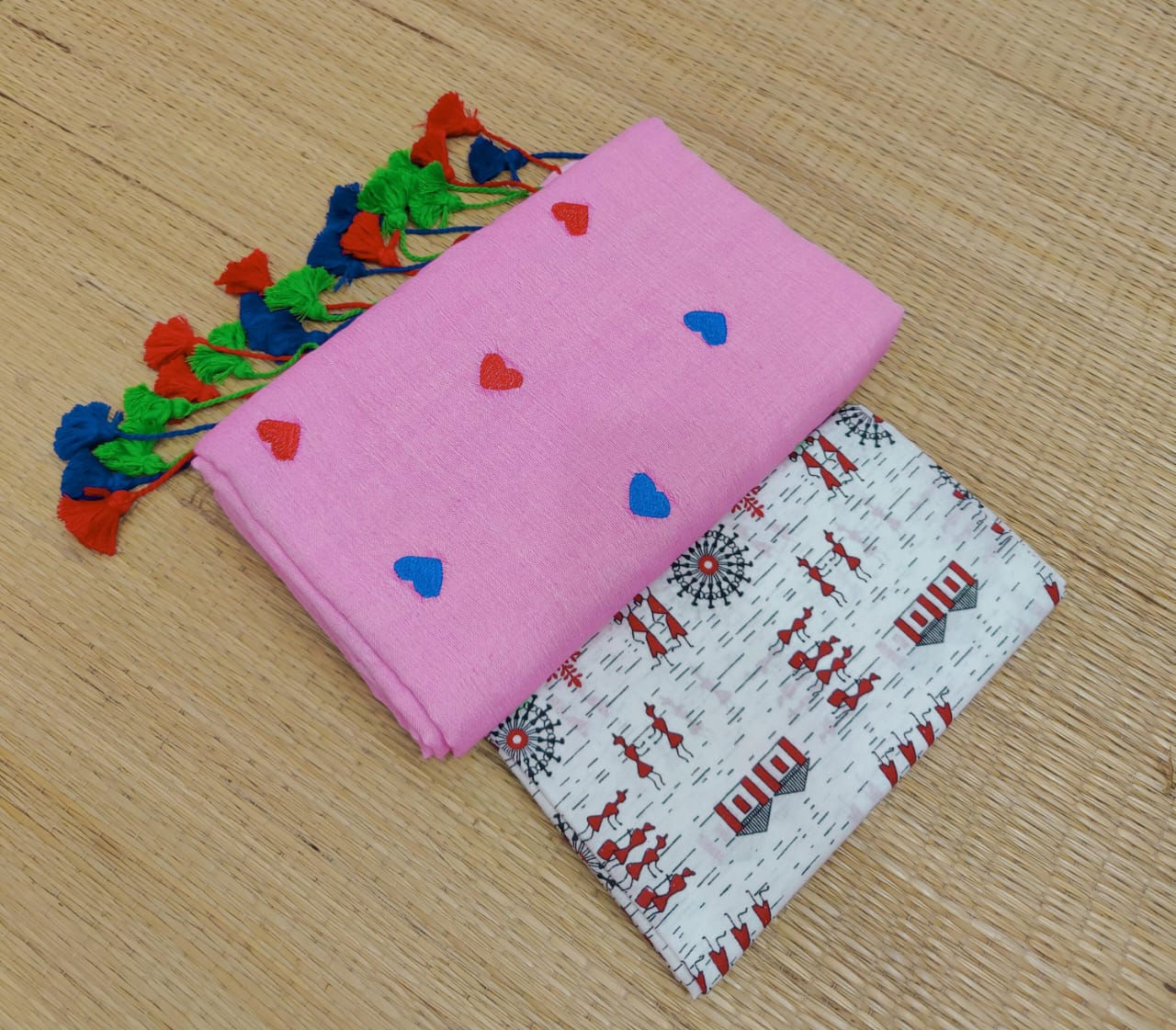 Pink Color Khadi Cotton Heart Motif Embroidery Saree With Kalamkari Blouse