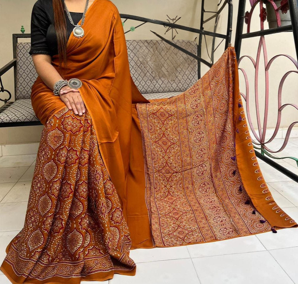 Mustard Color Handcrafted Ajrakh Print Modal Silk Saree