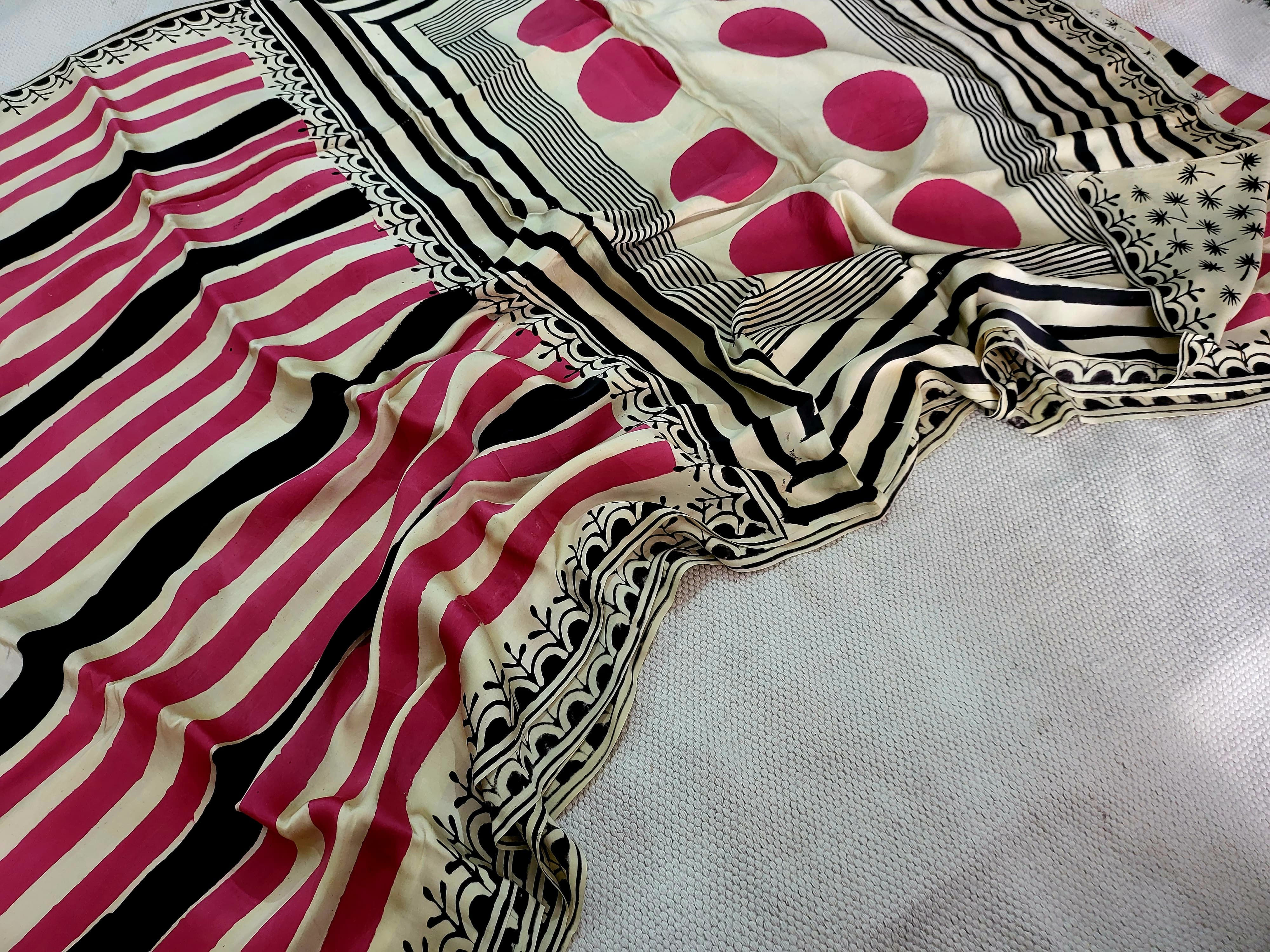 Stripes and Polka | Organic Ajrakh Hand block Print Pure Modal Gajji Silk Saree