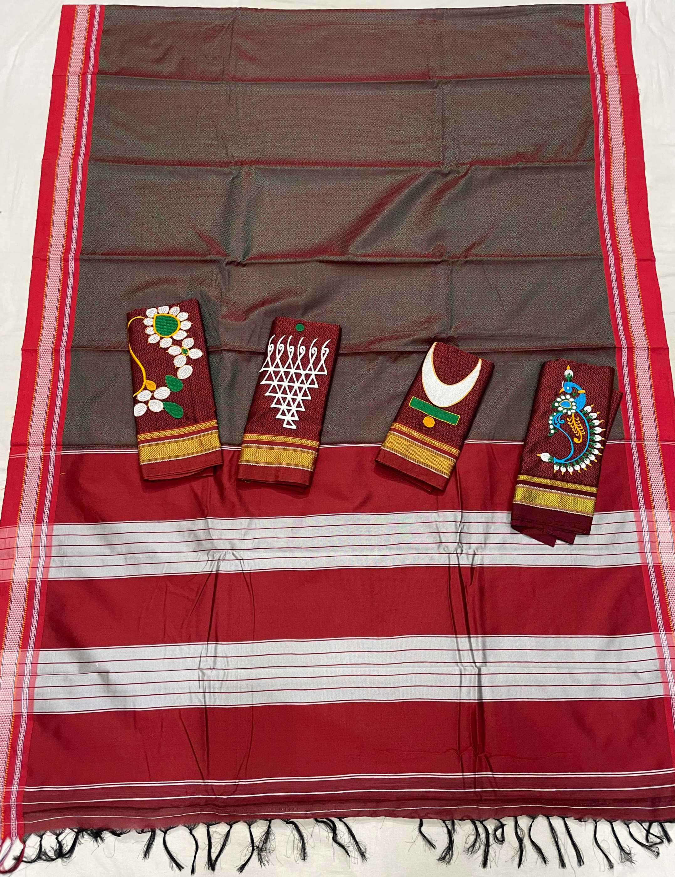 Stunning Plain Resham Khan Mahrashtrian Saree With Nath Work Blouse Piece