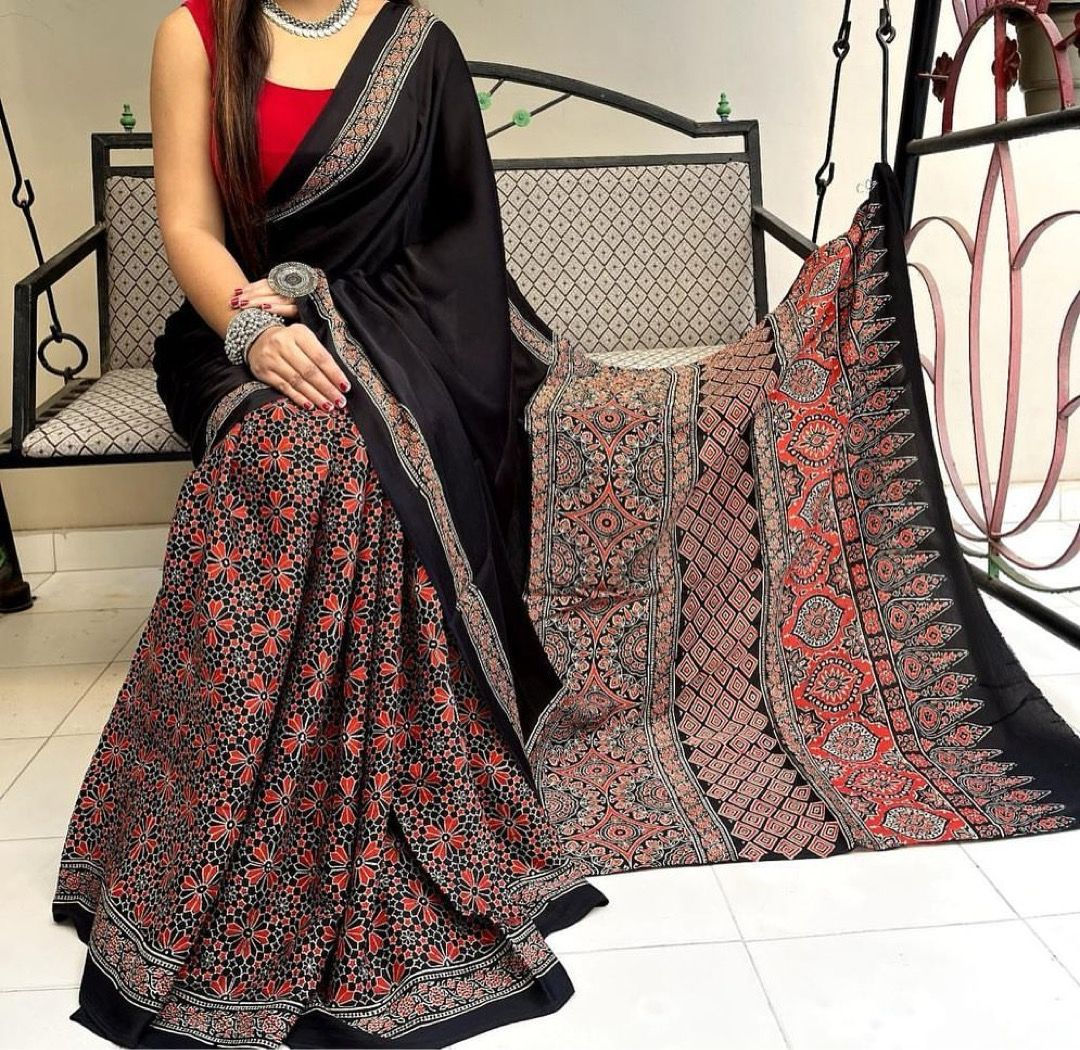 Ajrakh Handblock Print Pure Modal Silk Saree