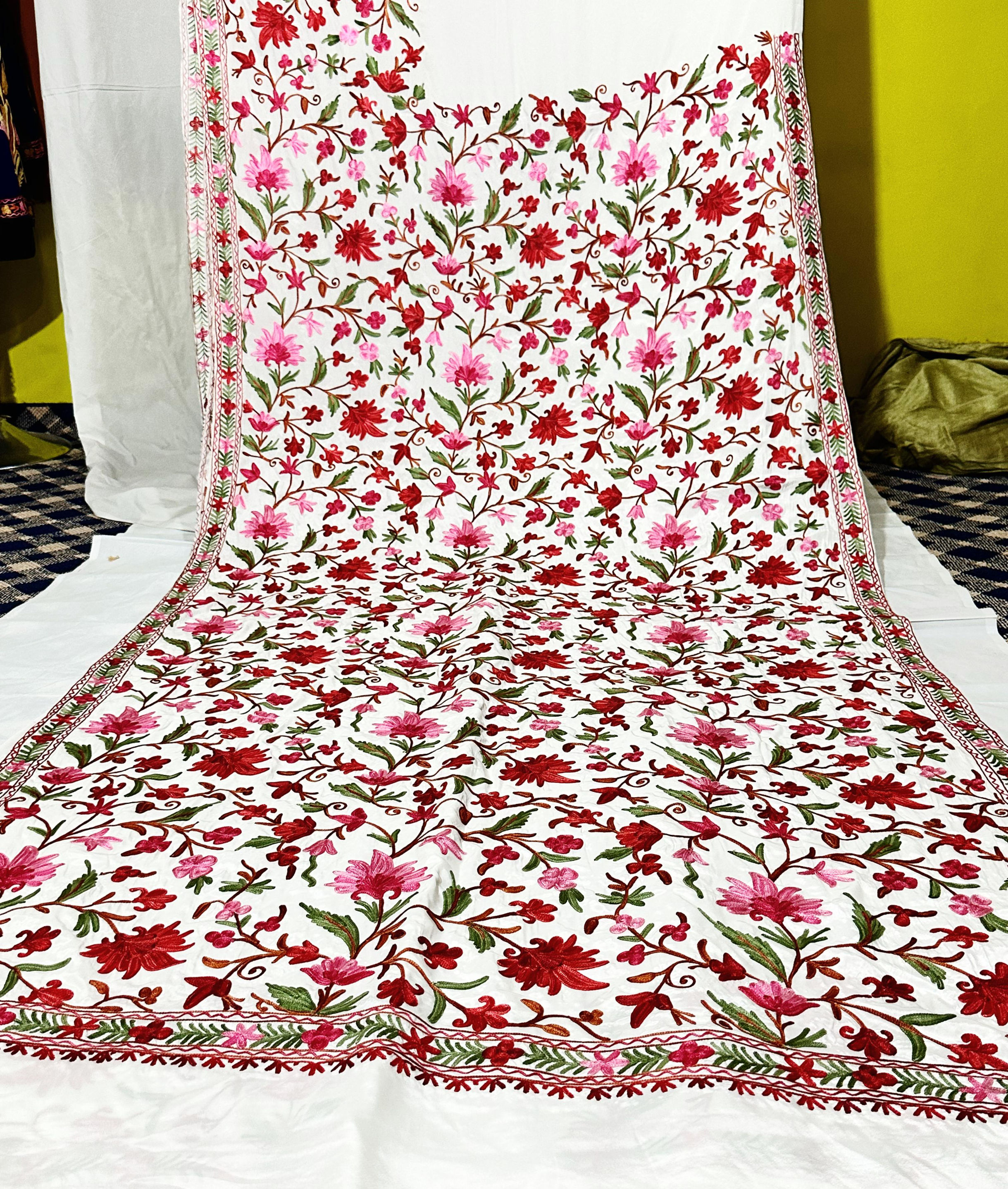 White Crepe Aari Work Kashmiri Embroidery Saree