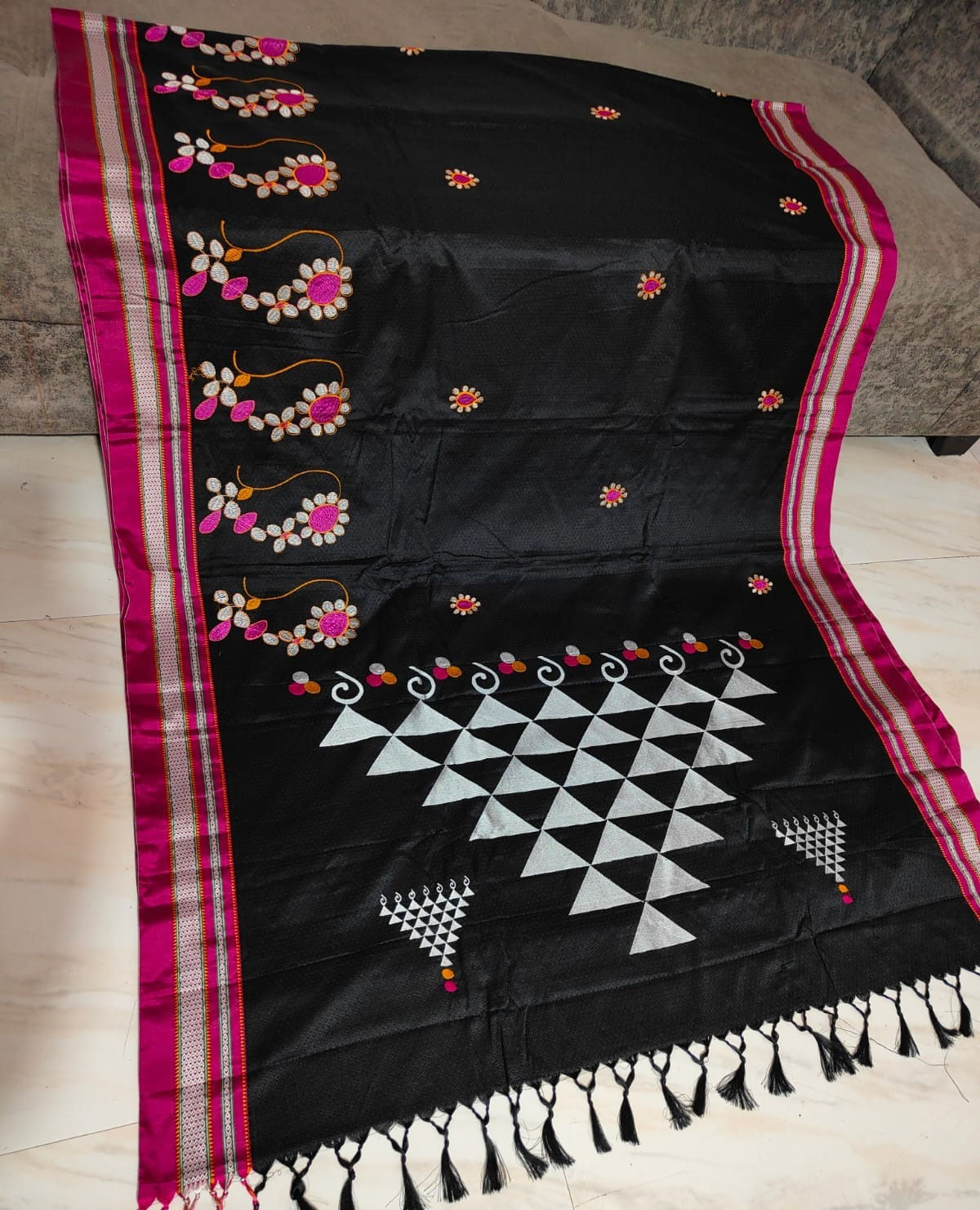 Nath and Saraswati Motif Black Resham Khan Saree