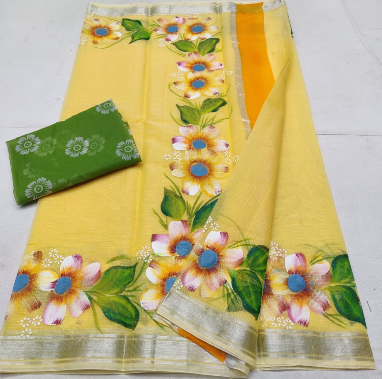 Pastel Yellow Exquisite Handpainted Kota Doria Saree