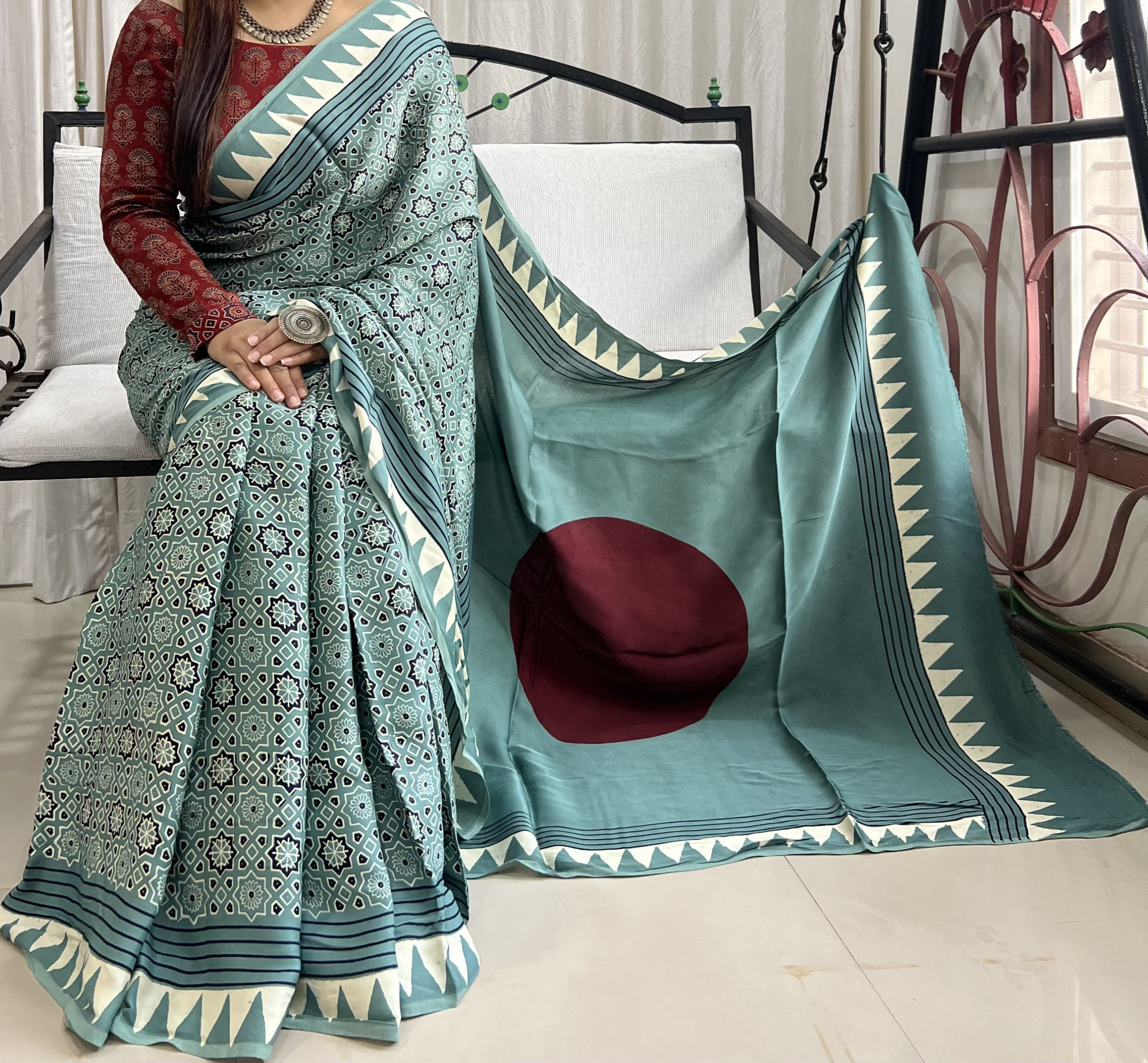 Pista Color Ajrakh Handblock Print Pure Modal Silk Saree