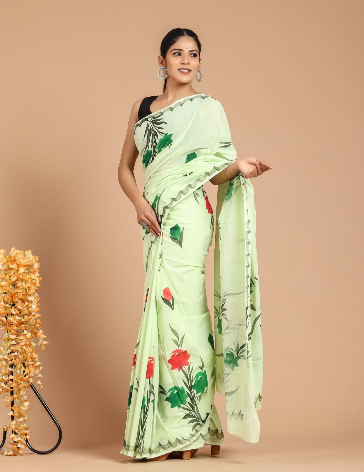 Handblock Print Cotton Mul Naturally Dyed Saree With Blouse Piece
