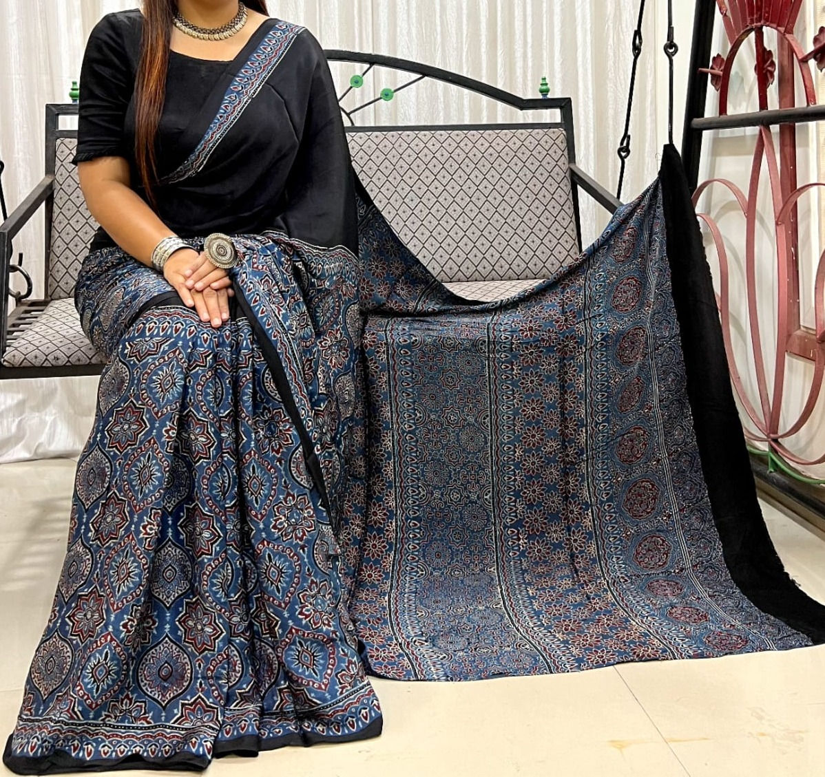 Half and Half Black Color Naturally Dyed Ajrakh Print Modal Silk Saree