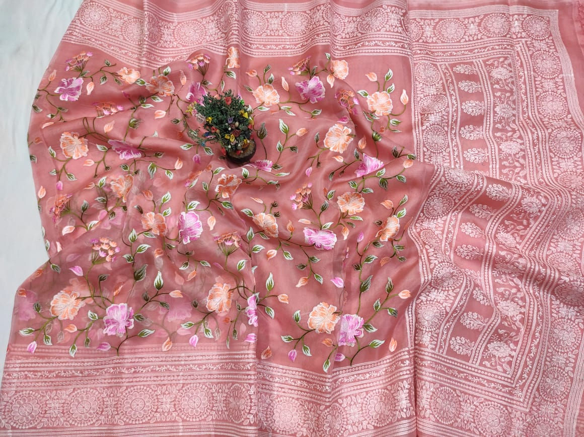 Rose Gold | Banarasi Pure Organza Saree With Chikankari Work