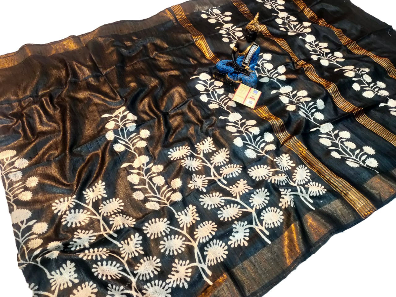 Black Color Authentic Handloom Pure Ghicha Tussar Printed Saree