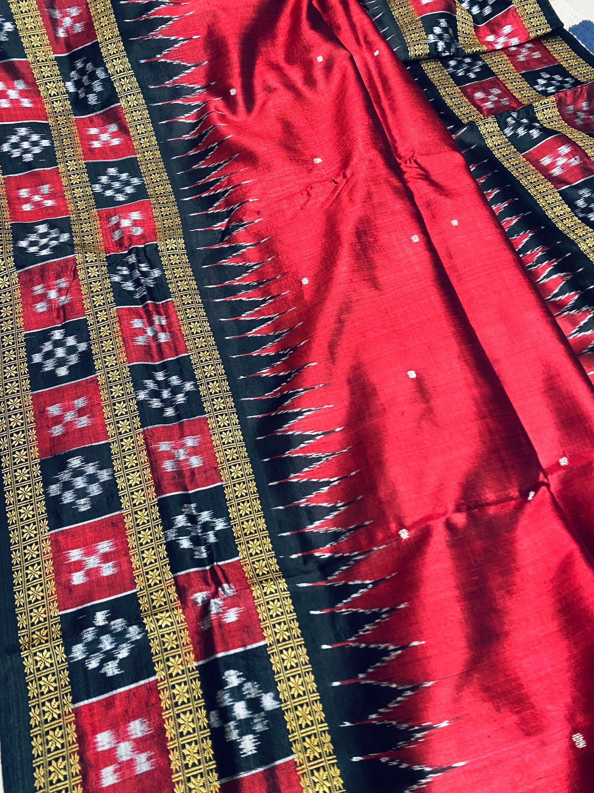 Gorgeous Dark Red With Black Authentic Handloom Pure Mulberry Khandua Silk