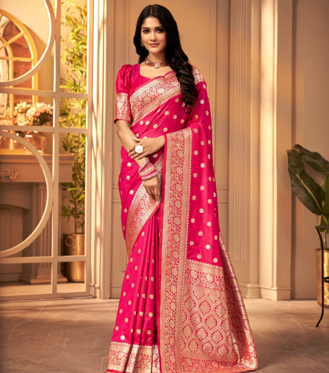Pink Color Banarasi Design Satin Silk Saree With Blouse Piece