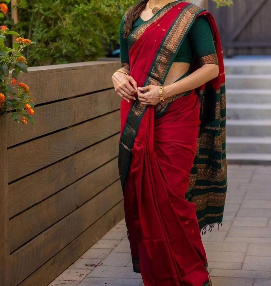 Thumbnail: Elegant and Traditional Red and Green Pure Kalyani Cotton Saree