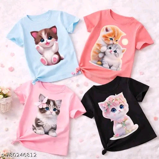Cute Kitty Print Girls Cotton T-Shirt Collection | Soft & Stylish Casual Wear