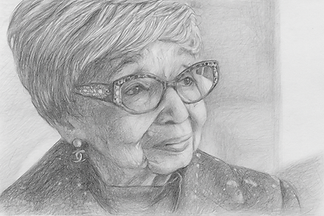 Pencil sketch of an elderly woman wearing glasses, looking towards something.