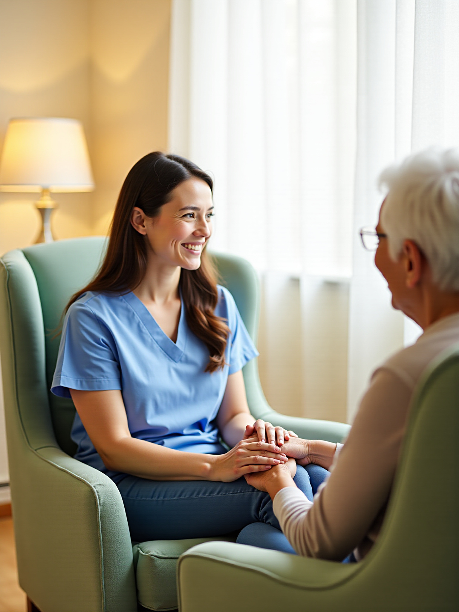 Caregiver holding hands with elderly woman, smiling, sitting in armchair, indoor