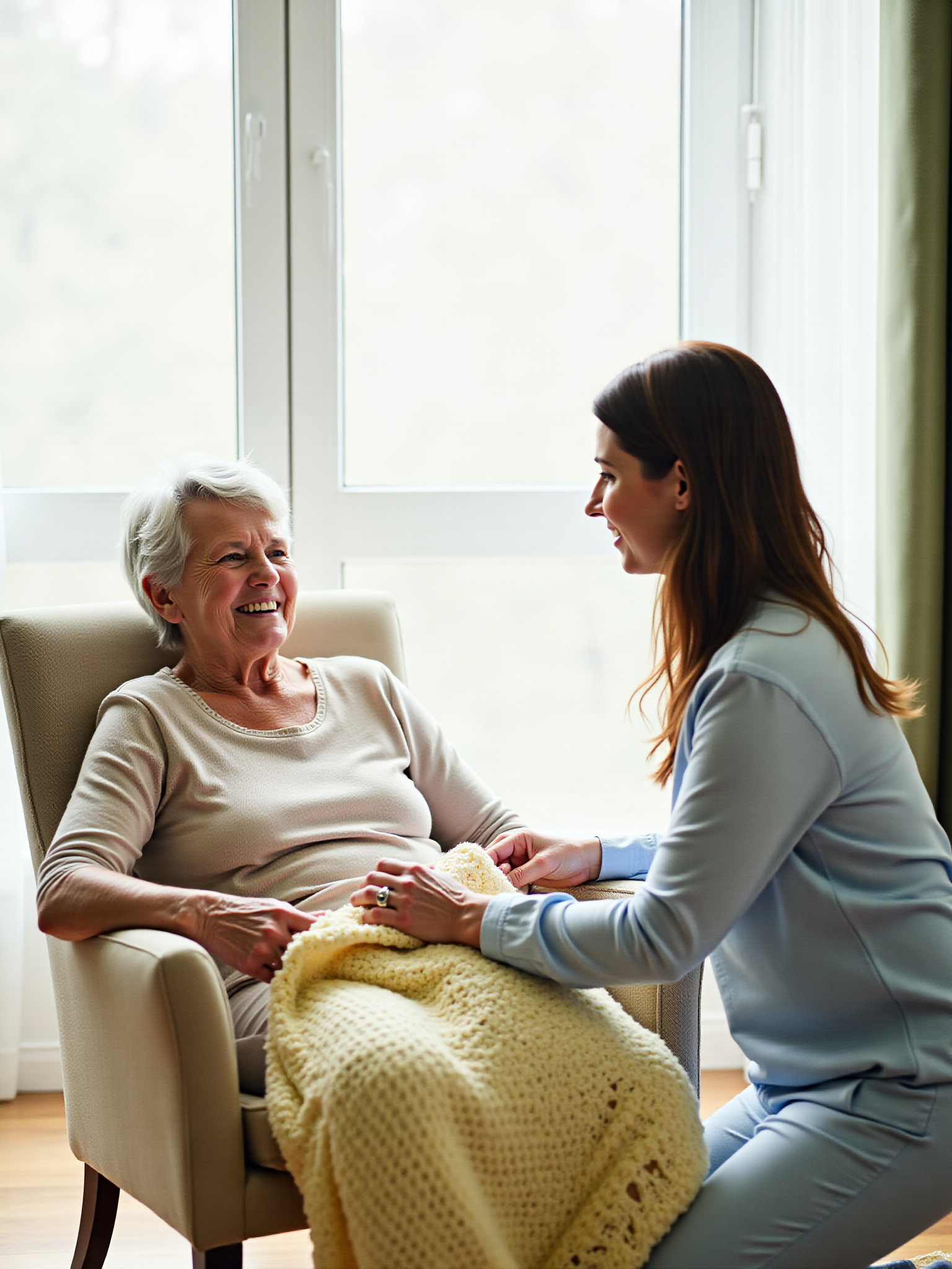 Young woman comforts older woman, offering care and support in the home.
