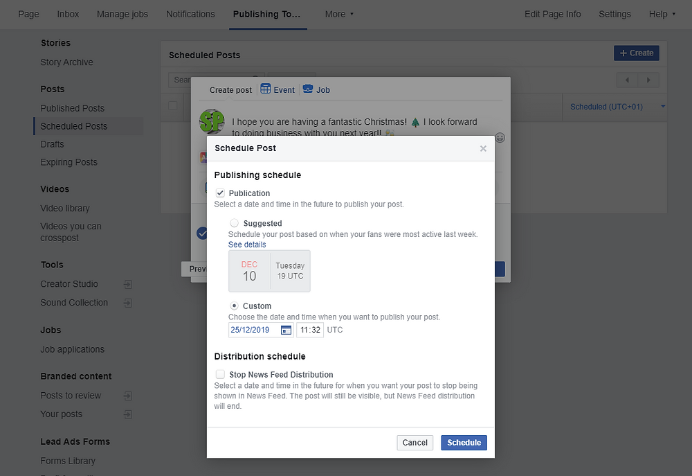 Schedule a post to a Facebook page