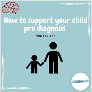 Supporting a young child pre diagnosis. Pale blue background with white text and black silhouette of an adult and child holding hands.