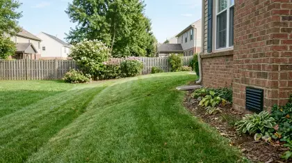 Yard grading and drainage swale directing water away from a home's foundation to reduce flood risk