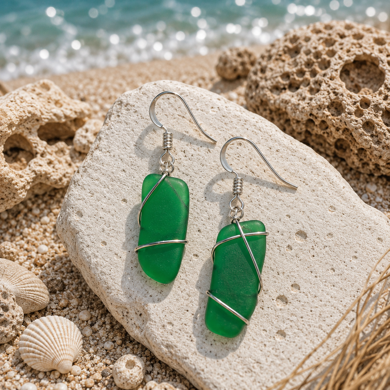 Hunter Green Wrapped Recycled Sea Glass Earrings
