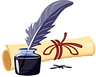 Purple feather quill in black ink bottle with old English style scroll, sealed with a red ribbon