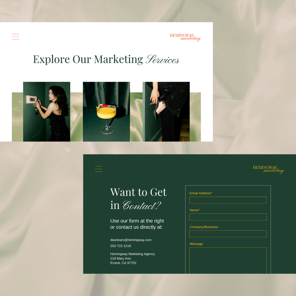 Highend and Editorial brand kit website application services page and contact page example by Z Squared Studio.