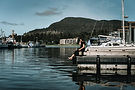 Rizza on end of a dock at a harbor with boats and mountainsin the background.