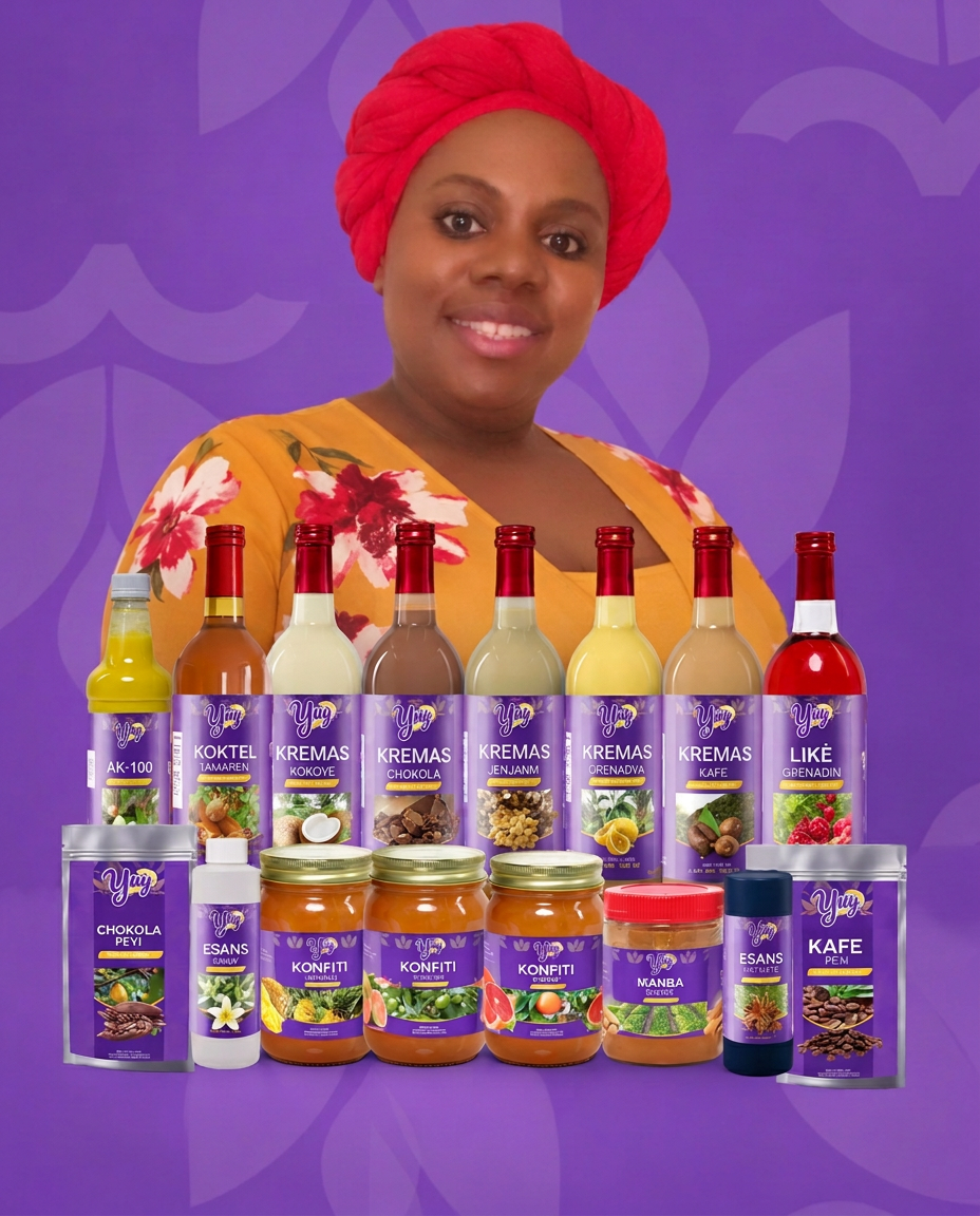 Studio photography of a smiling woman displaying an assortment of bottled liqueur and jarred food products. The setting has a purple background with a vibrant, welcoming aesthetic.