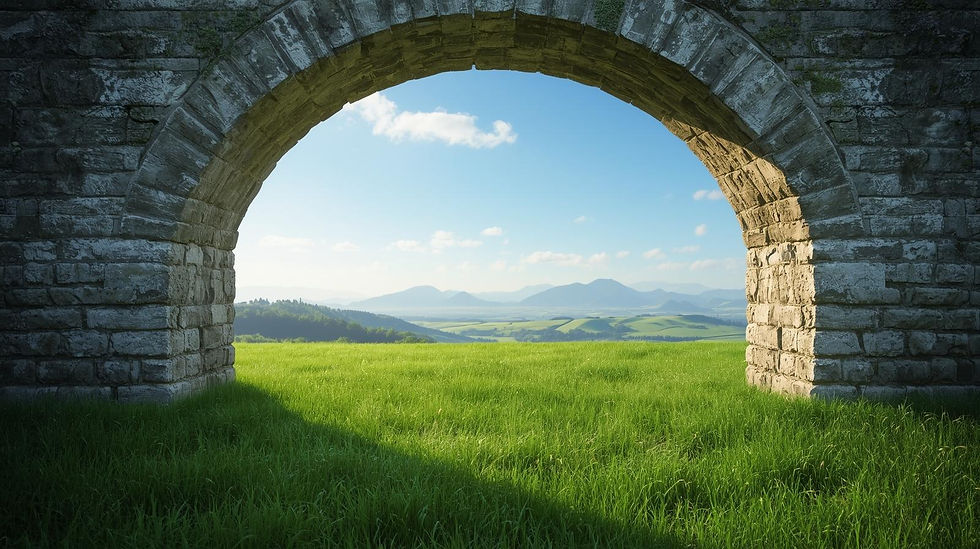 a wix website background of a Green grassy plateau looking out to a view through a door or
