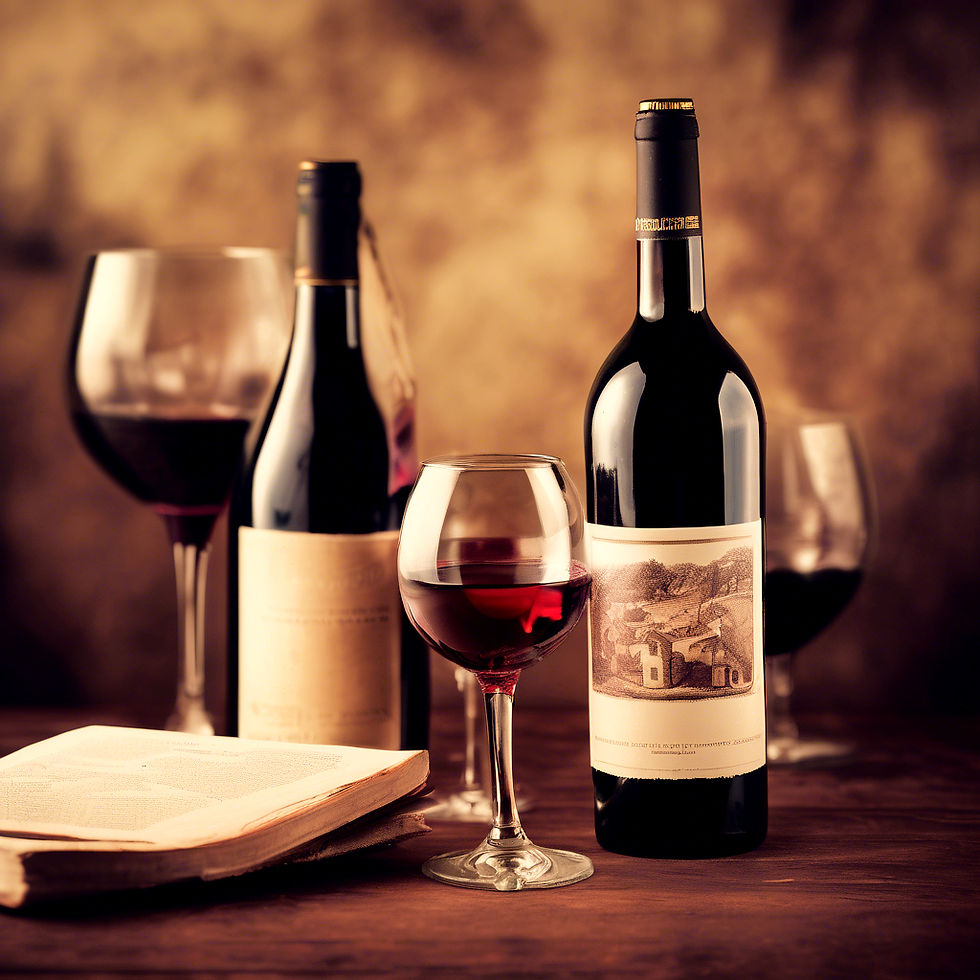 Wine bottles and two glasses of red wine on a wooden table with an open book. Warm, rustic background enhances a cozy atmosphere.