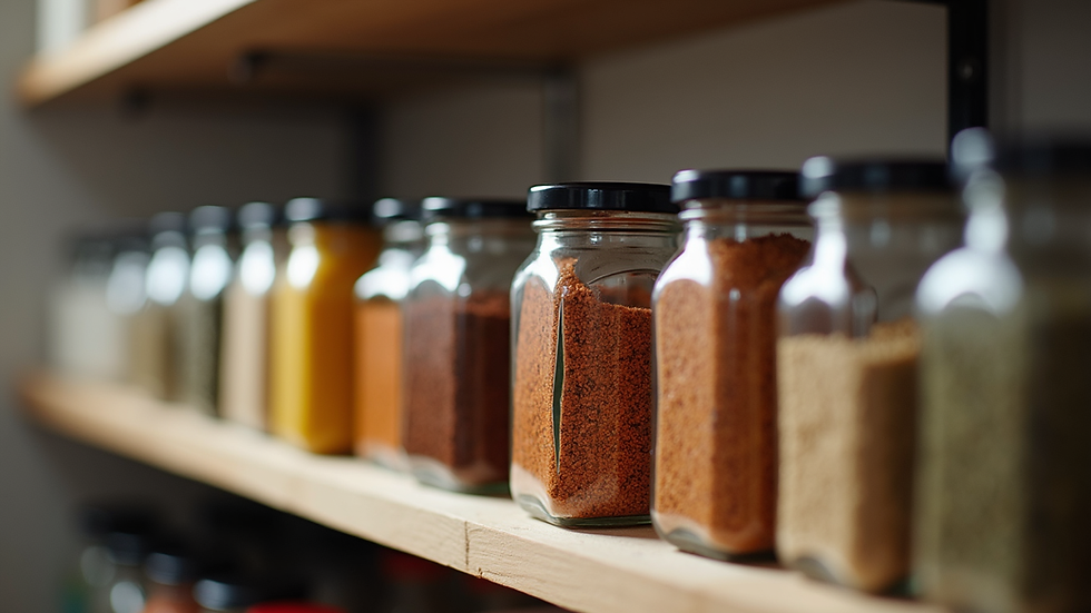 Close-up view of assorted seasoning jars on a kitchen shelf