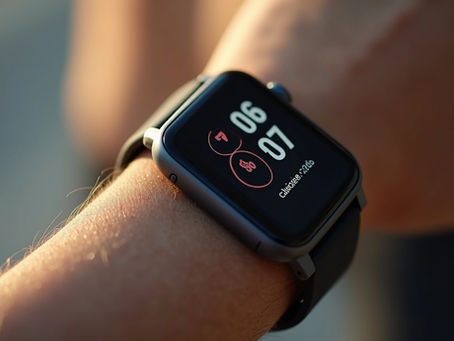 Close-up view of a fitness tracker showing heart rate and calories burned