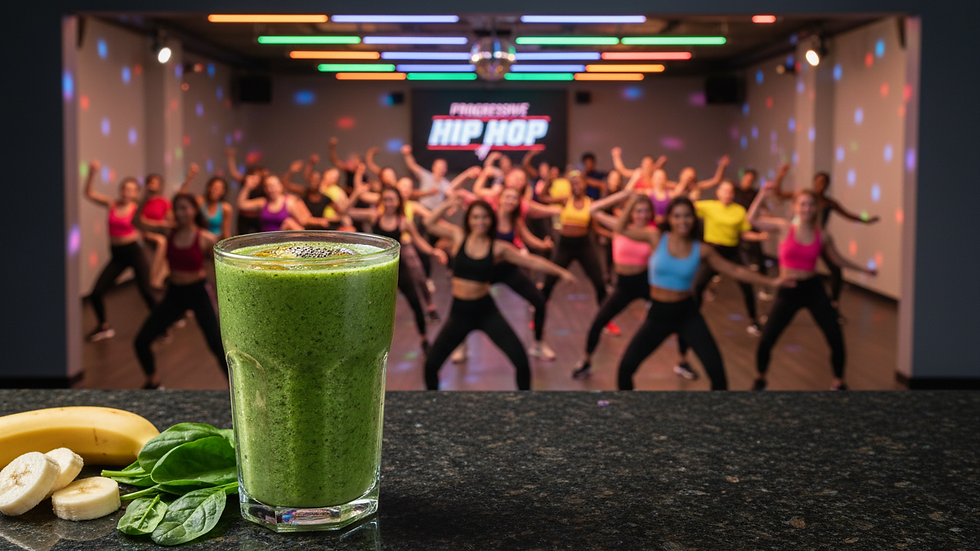 Close-up of a glass of smoothie with spinach and banana on a kitchen counter