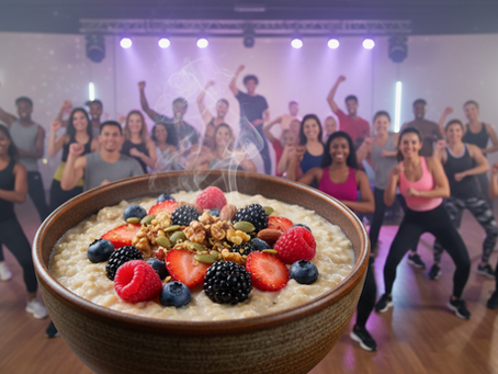 Close-up view of a bowl of oatmeal topped with fresh berries and nuts