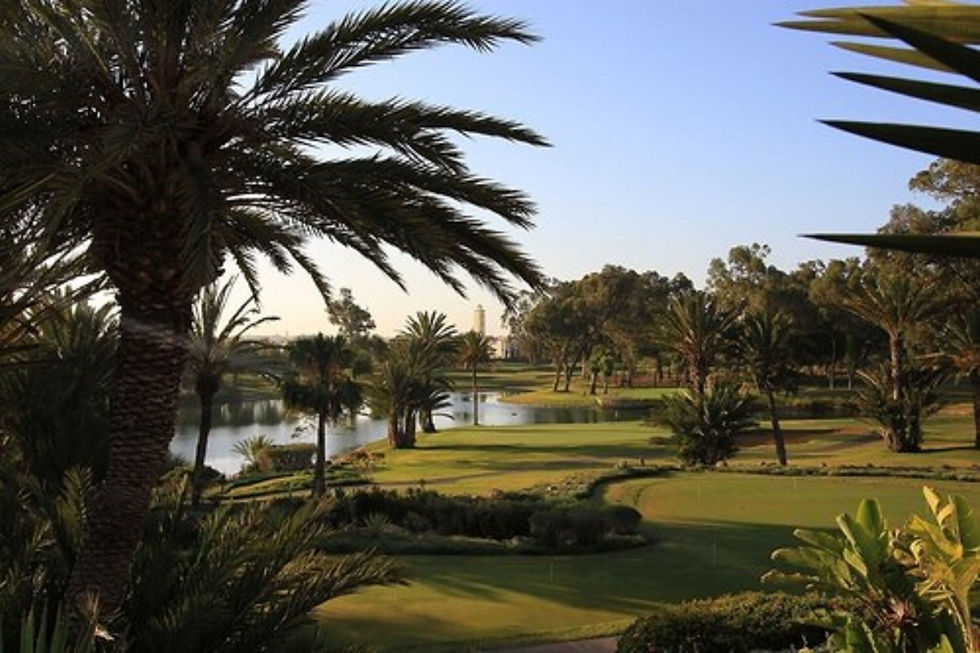 Palm trees frame the fairways and water features of a golf resort in Agadir
