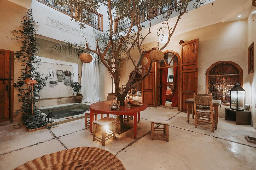 The interior courtyard and plunge pool of a cheap riad in Marrakech