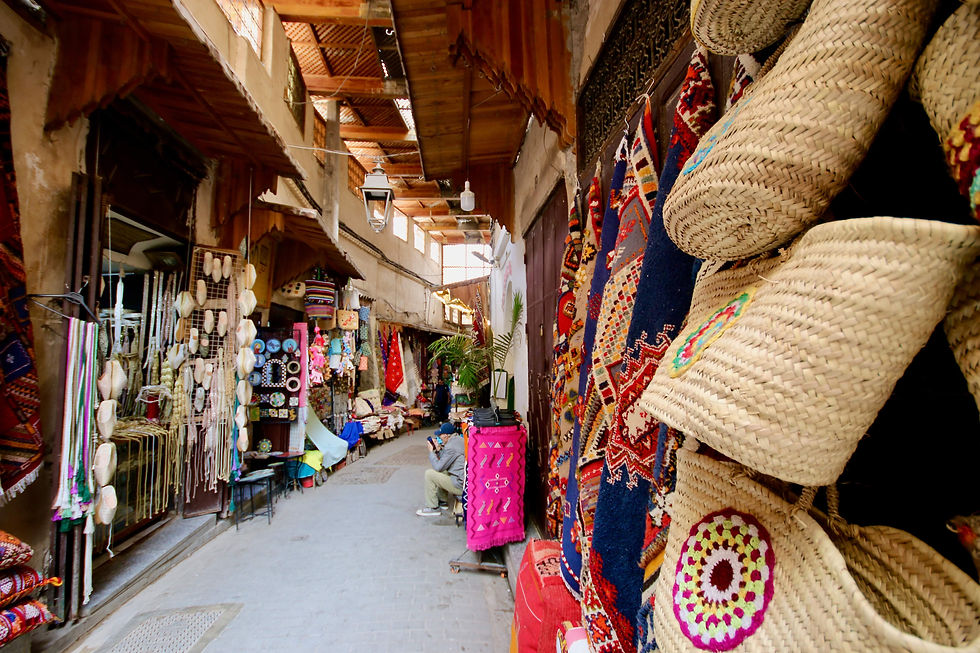 Amazigh rugs and woven baskets for sale in the Fes medina
