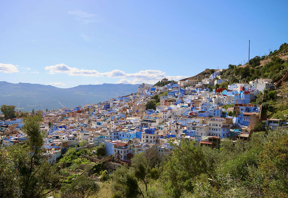 Looking across the blue and white buildings of Chefchaouen from the Spanish Mosque