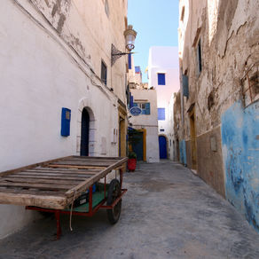 A wooden cart in a narrow alleyway of the Essaouira medina