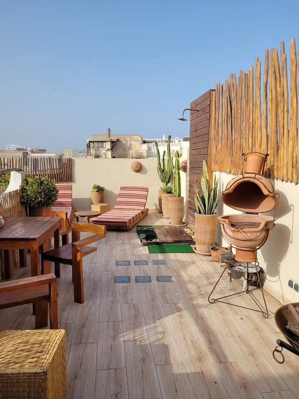 Cacti and sun loungers on the rooftop terrace of an affordable Essaouira riad